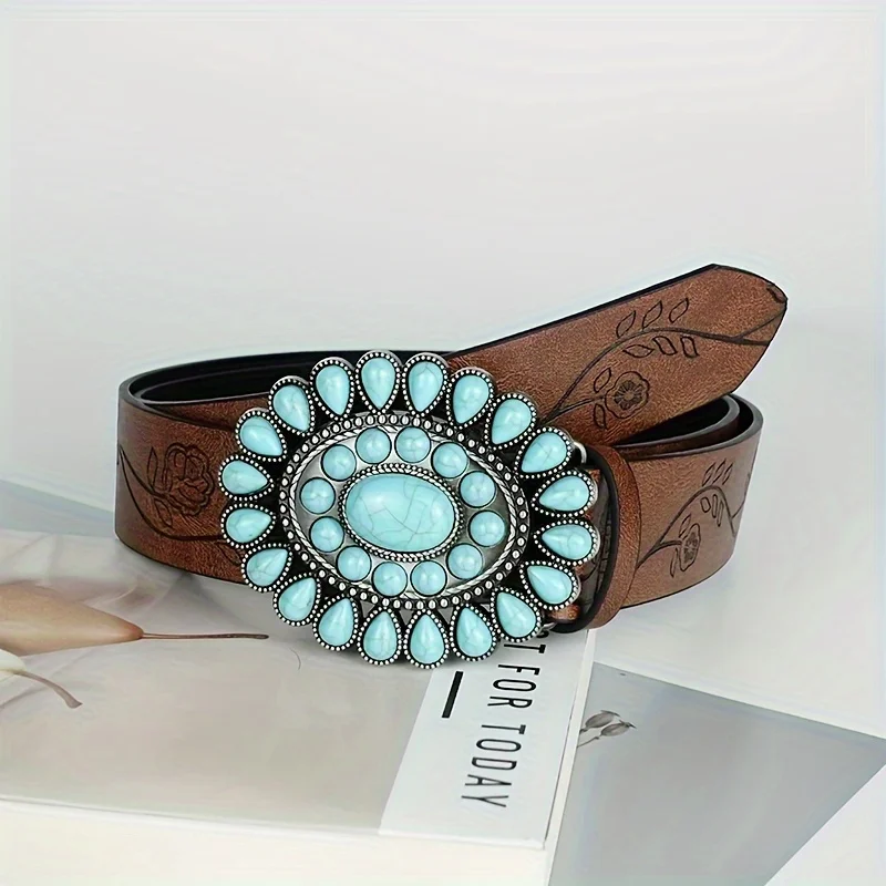 Oval Turquoise Buckle Belts Vintage Brown Embossed PU Leather Waistband Classic Western Belt For Women daily use
Oval Turquoise Buckle Belts Vintage Brown Embossed PU Leather Waistband Classic Western Belt For Women daily use