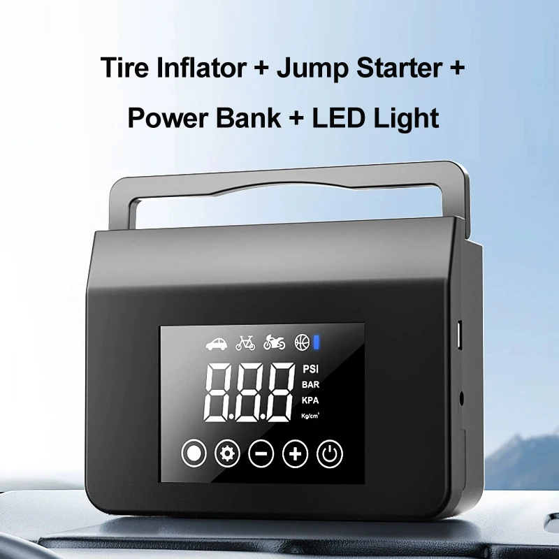 Car Jump Starter with Power Bank 12V Tire Inflator 8000mah Battery 150Psi Car Tire Pump with Digital Pressure Gauge LED Light
Car Jump Starter with Power Bank 12V Tire Inflator 8000mah Battery 150Psi Car Tire Pump with Digital Pressure Gauge LED Light