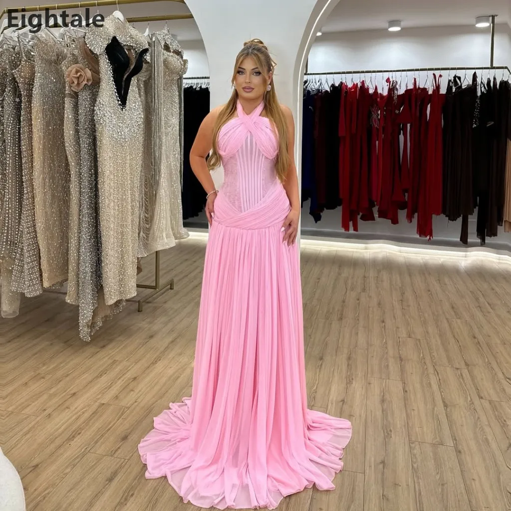 Eightale 2026 Pink Halter Evening Dress Sheer Corset Ruched Chiffon Floor Length Dubai Party Gown Formal Prom Dress Customized
Eightale 2026 Pink Halter Evening Dress Sheer Corset Ruched Chiffon Floor Length Dubai Party Gown Formal Prom Dress Customized