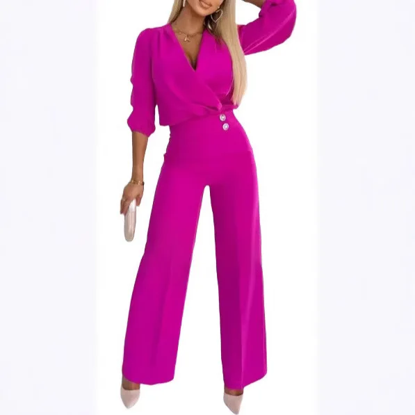 New Women's Two-piece Solid Color V-neck Long Sleeved Two Button Casual Pants Set for Summer 2025
New Women's Two-piece Solid Color V-neck Long Sleeved Two Button Casual Pants Set for Summer 2025