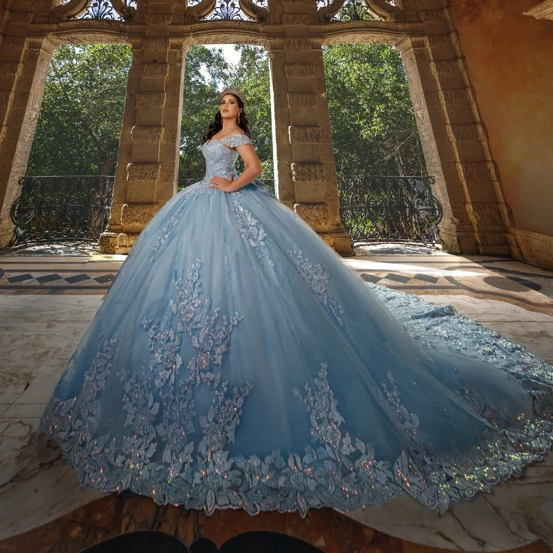Customized Sparkly Sky Blue Ball Gown Quinceanera Dresses Off Shoulder Sequin Applique Lace Beads Bow Party Birthday Sweet 16
Customized Sparkly Sky Blue Ball Gown Quinceanera Dresses Off Shoulder Sequin Applique Lace Beads Bow Party Birthday Sweet 16