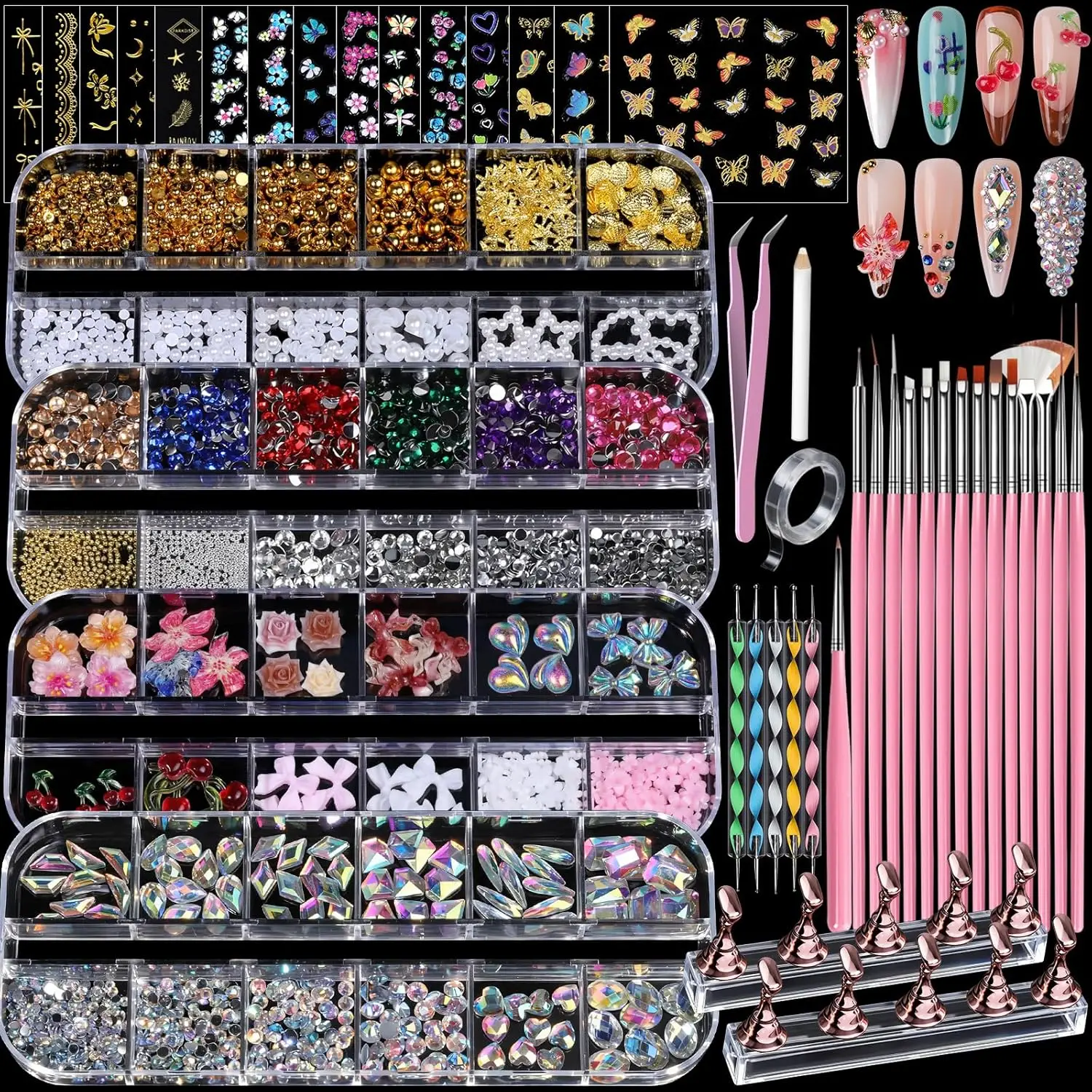 Nail Charms and Gems Set, 4 Boxes Nail Rhinestones Kit with Brushes, Nail Stand, Stickers for Women Manicure Decorations
Nail Charms and Gems Set, 4 Boxes Nail Rhinestones Kit with Brushes, Nail Stand, Stickers for Women Manicure Decorations