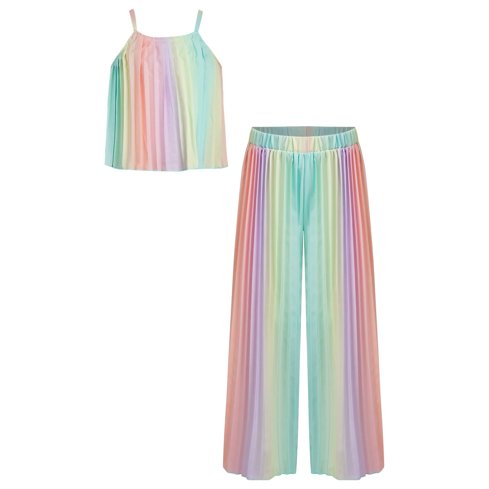 Oyolan Girls 2-Piece Cute Rainbow Pleated Outfits Spaghetti Straps Camisole Top with Wide Leg Pants for Wedding Vacation Beach
Oyolan Girls 2-Piece Cute Rainbow Pleated Outfits Spaghetti Straps Camisole Top with Wide Leg Pants for Wedding Vacation Beach