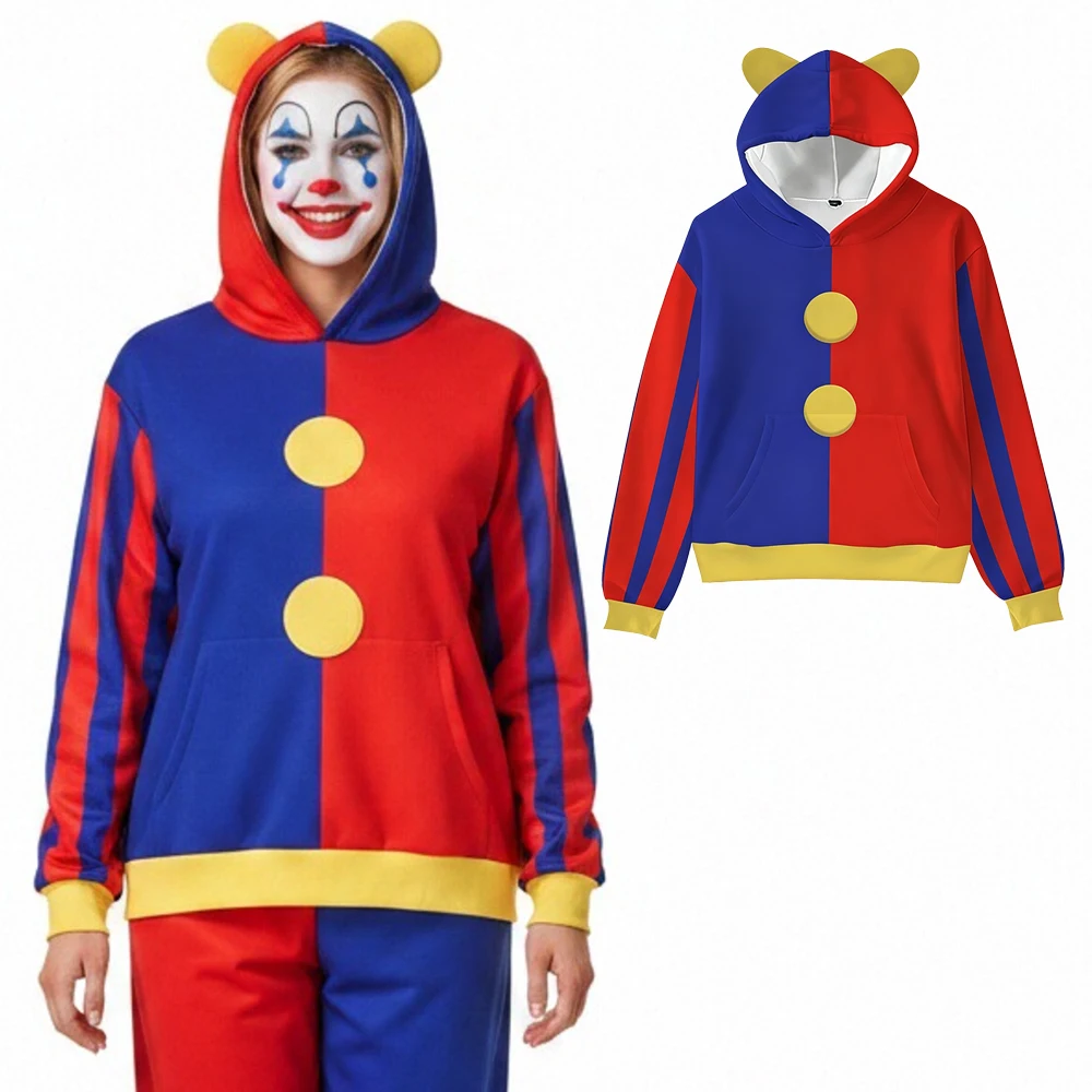 Pomni Costume Hoodie Unisex Clown Style Color Block Hoodies Red Blue Split Pullover with Ears Halloween Party Cosplay Sweatshirt
Pomni Costume Hoodie Unisex Clown Style Color Block Hoodies Red Blue Split Pullover with Ears Halloween Party Cosplay Sweatshirt