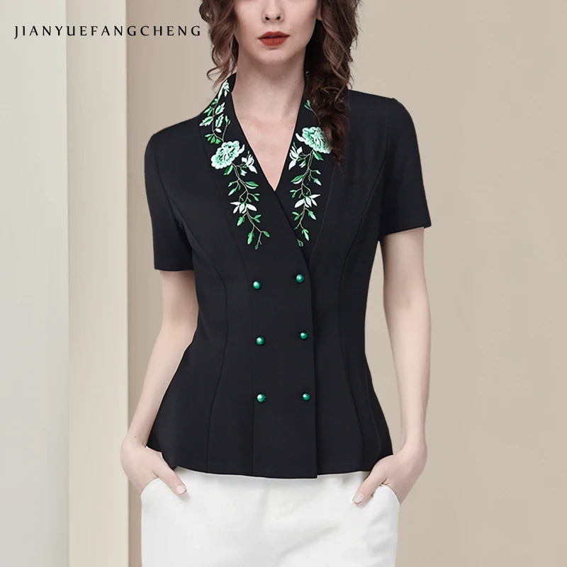 2025 Summer Embroidered Short Sleeve V-neck Women's Blouse Black Slim Short Style Button-down Shirts Vintage Working Knitted Top
2025 Summer Embroidered Short Sleeve V-neck Women's Blouse Black Slim Short Style Button-down Shirts Vintage Working Knitted Top
