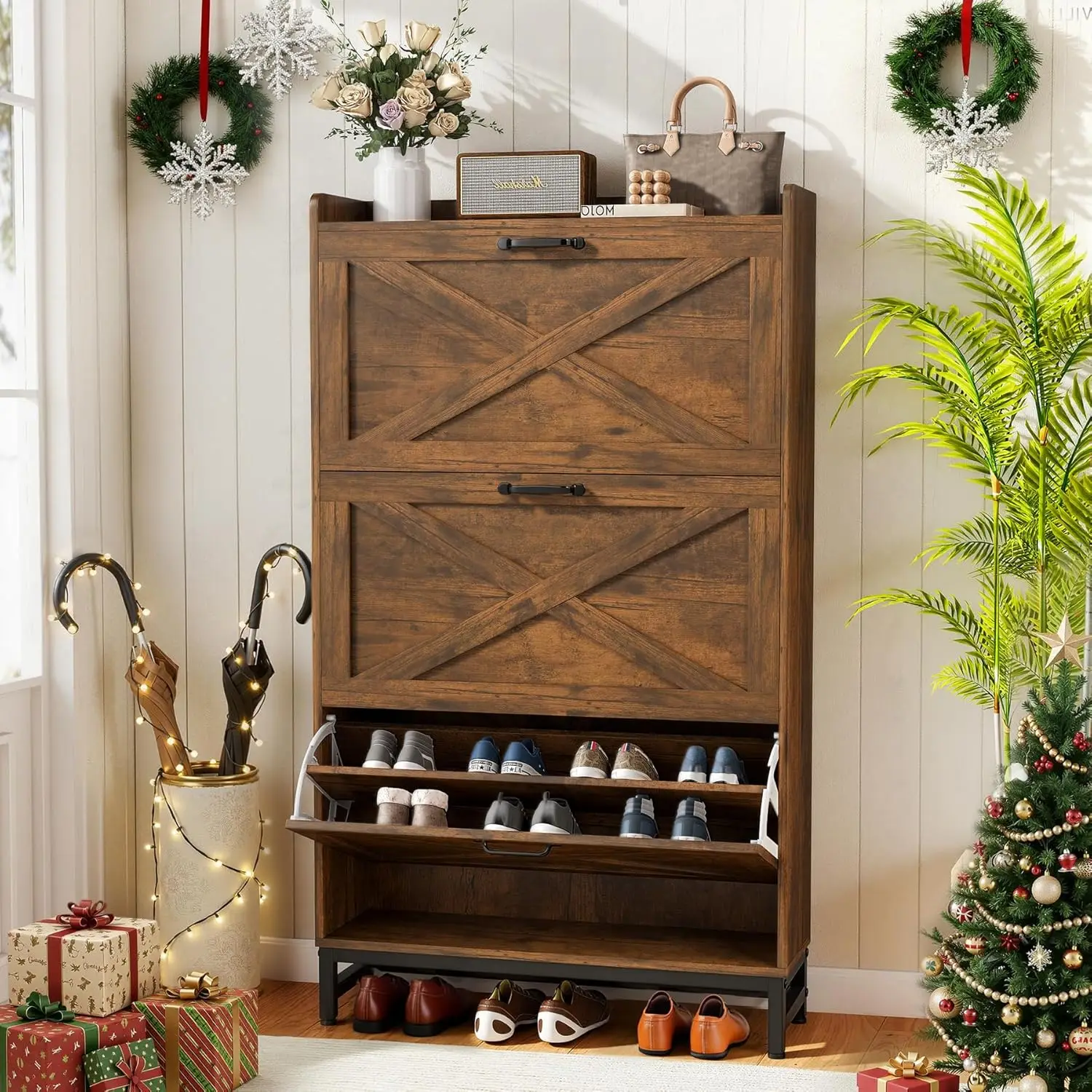Rustic Farmhouse Shoe Cabinet With 3 Flip Drawers, Narrow Entryway Shoe Storage Organizer For 12–16 Pairs,, Customized
Rustic Farmhouse Shoe Cabinet With 3 Flip Drawers, Narrow Entryway Shoe Storage Organizer For 12–16 Pairs,, Customized