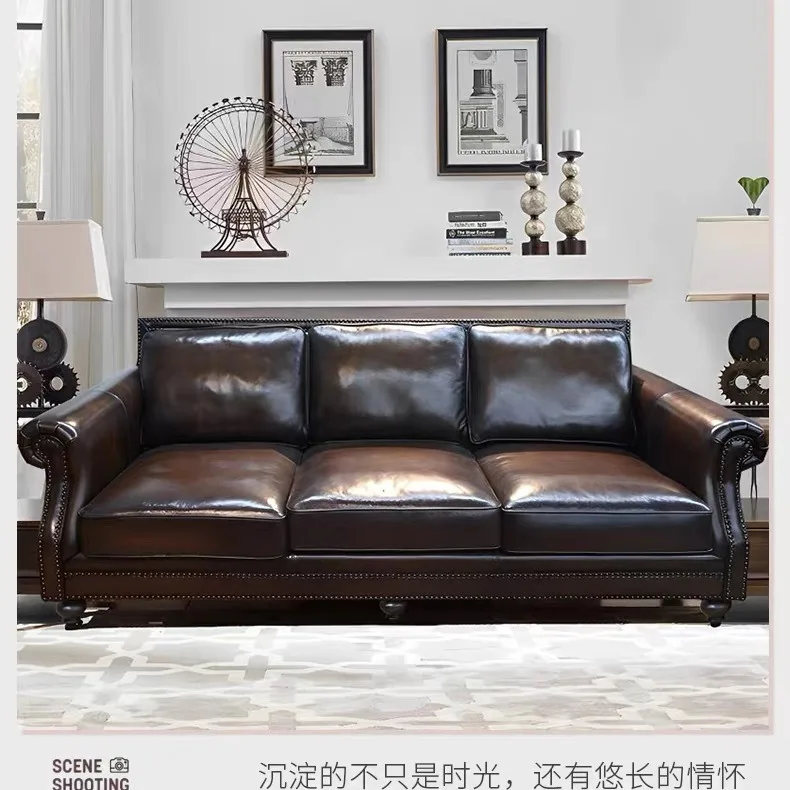 American country solid wood leather living room sofa retro single double triple villa model room small apartment leather sofa
American country solid wood leather living room sofa retro single double triple villa model room small apartment leather sofa
