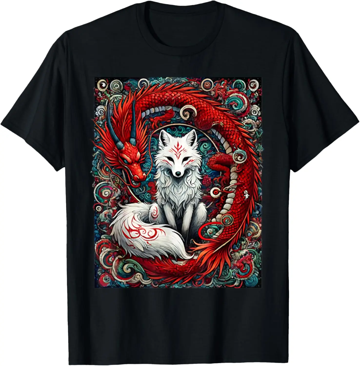 Kitsune Fox and Dragon Graphic Tee Japanese Mythology Print Short Sleeve Crewneck T-Shirt For Men
Kitsune Fox and Dragon Graphic Tee Japanese Mythology Print Short Sleeve Crewneck T-Shirt For Men