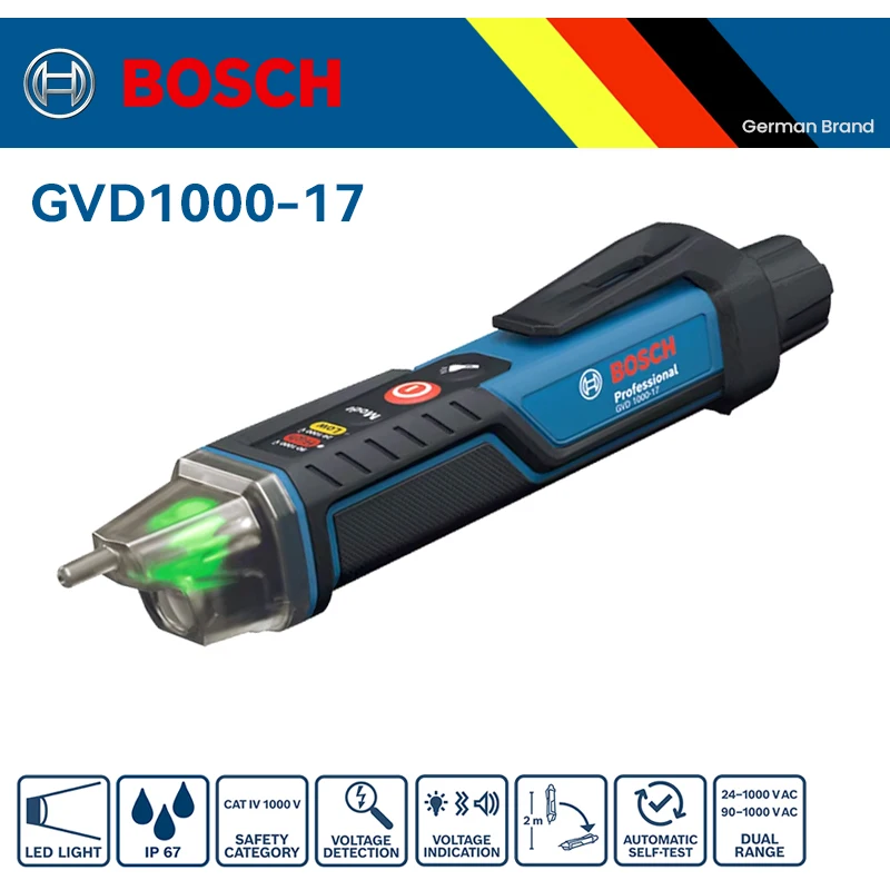 BOSCH PRO GVD 1000-17 Voltage Tester Self-test IP67 Rating Non-contact Dual Voltage Power Professional Tool
BOSCH PRO GVD 1000-17 Voltage Tester Self-test IP67 Rating Non-contact Dual Voltage Power Professional Tool
