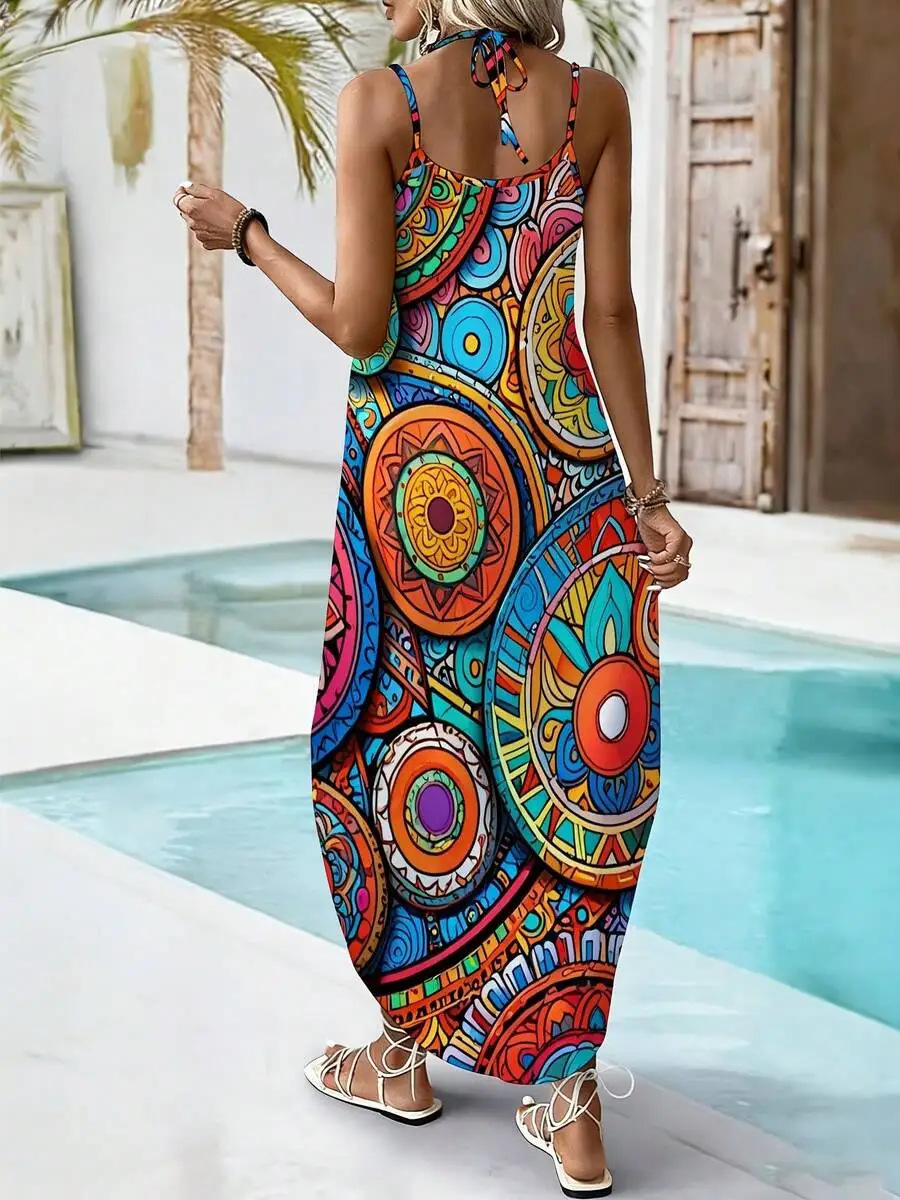 Women Double Strap Halter V Neck Slit Maxi Dress Colorful Geometric Mandala Print Boho Beach Party Dress
Women Double Strap Halter V Neck Slit Maxi Dress Colorful Geometric Mandala Print Boho Beach Party Dress