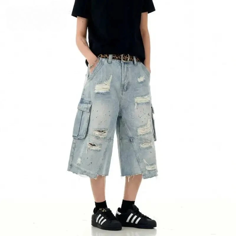 American Style Ripped Washed Blue Men's Cropped Jeans Loose Fit With Splatter Paint Multi Pocket Design Denim Shorts
American Style Ripped Washed Blue Men's Cropped Jeans Loose Fit With Splatter Paint Multi Pocket Design Denim Shorts