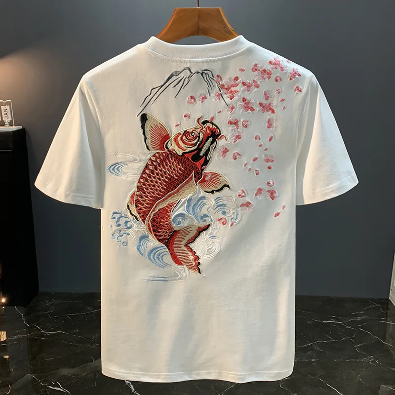 Koi embroidery printed trendy summer new short sleeved T-shirt Men's Half sleeved slim fit Chinese style casual retro Top
Koi embroidery printed trendy summer new short sleeved T-shirt Men's Half sleeved slim fit Chinese style casual retro Top