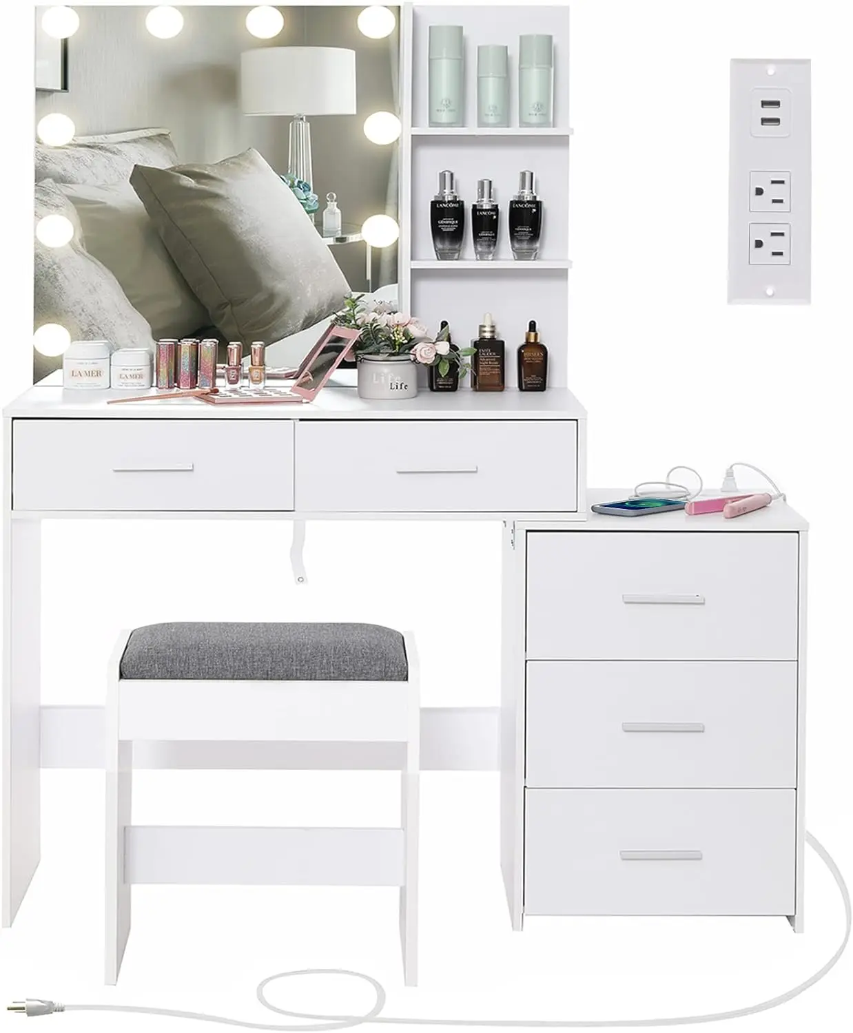 Vanity Set with LED Lights and Charging Station, Makeup Vanity Dressing Table with 5 Drawers, Storage Shelves & Cushioned Stool
Vanity Set with LED Lights and Charging Station, Makeup Vanity Dressing Table with 5 Drawers, Storage Shelves & Cushioned Stool