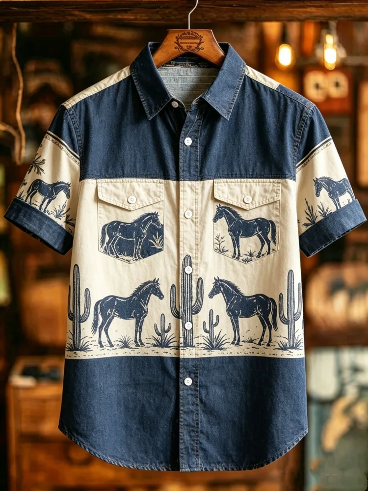 Mens Horse Shirt Double Pocket Turn Down Collar Navy Beige Western Print Short Sleeve Summer Casual Shirt
Mens Horse Shirt Double Pocket Turn Down Collar Navy Beige Western Print Short Sleeve Summer Casual Shirt
