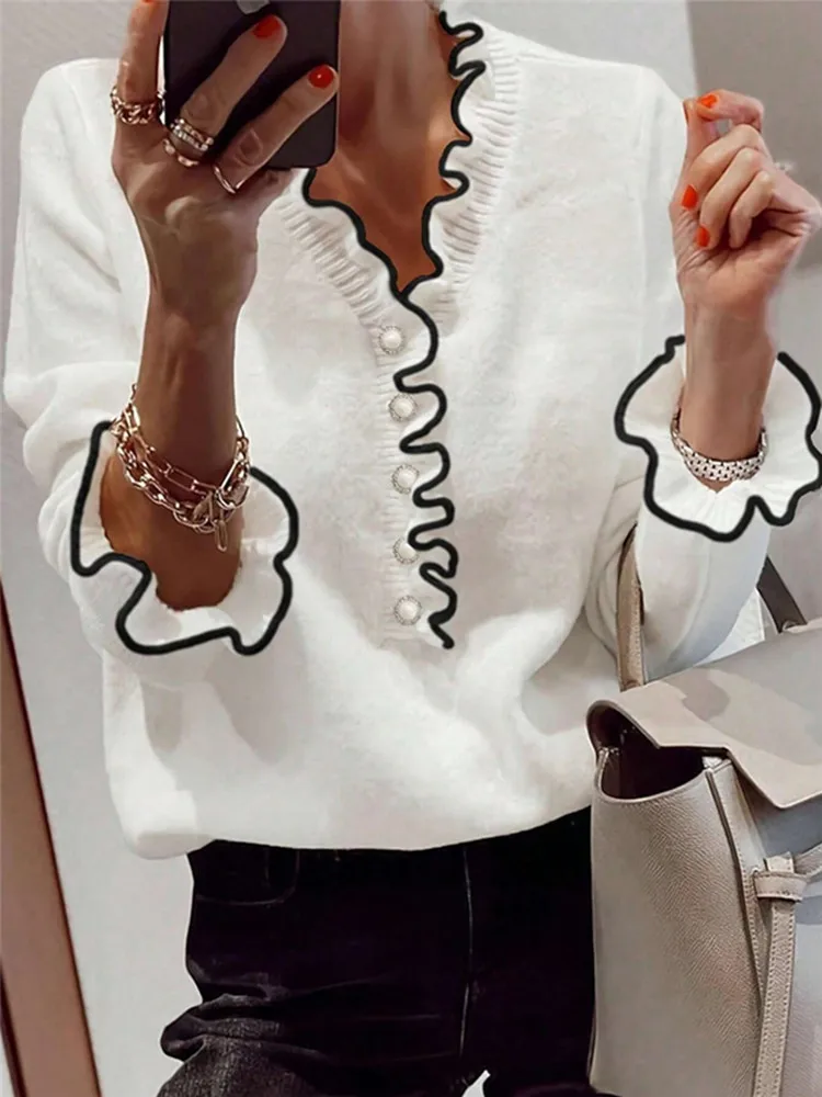 BKLD Women's Clothing 2026 Autumn Winter Fashion Color Block Ruffles Pearls Button-Up Long Sleeve Tops V-Neck Pullover Sweaters
BKLD Women's Clothing 2026 Autumn Winter Fashion Color Block Ruffles Pearls Button-Up Long Sleeve Tops V-Neck Pullover Sweaters