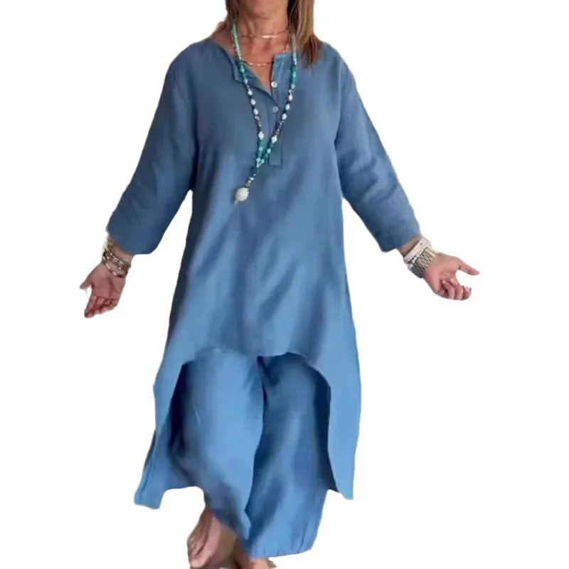 Summer New Solid Color Casual Long-sleeved Cotton and Linen Suit Women 2025 European and American
Summer New Solid Color Casual Long-sleeved Cotton and Linen Suit Women 2025 European and American