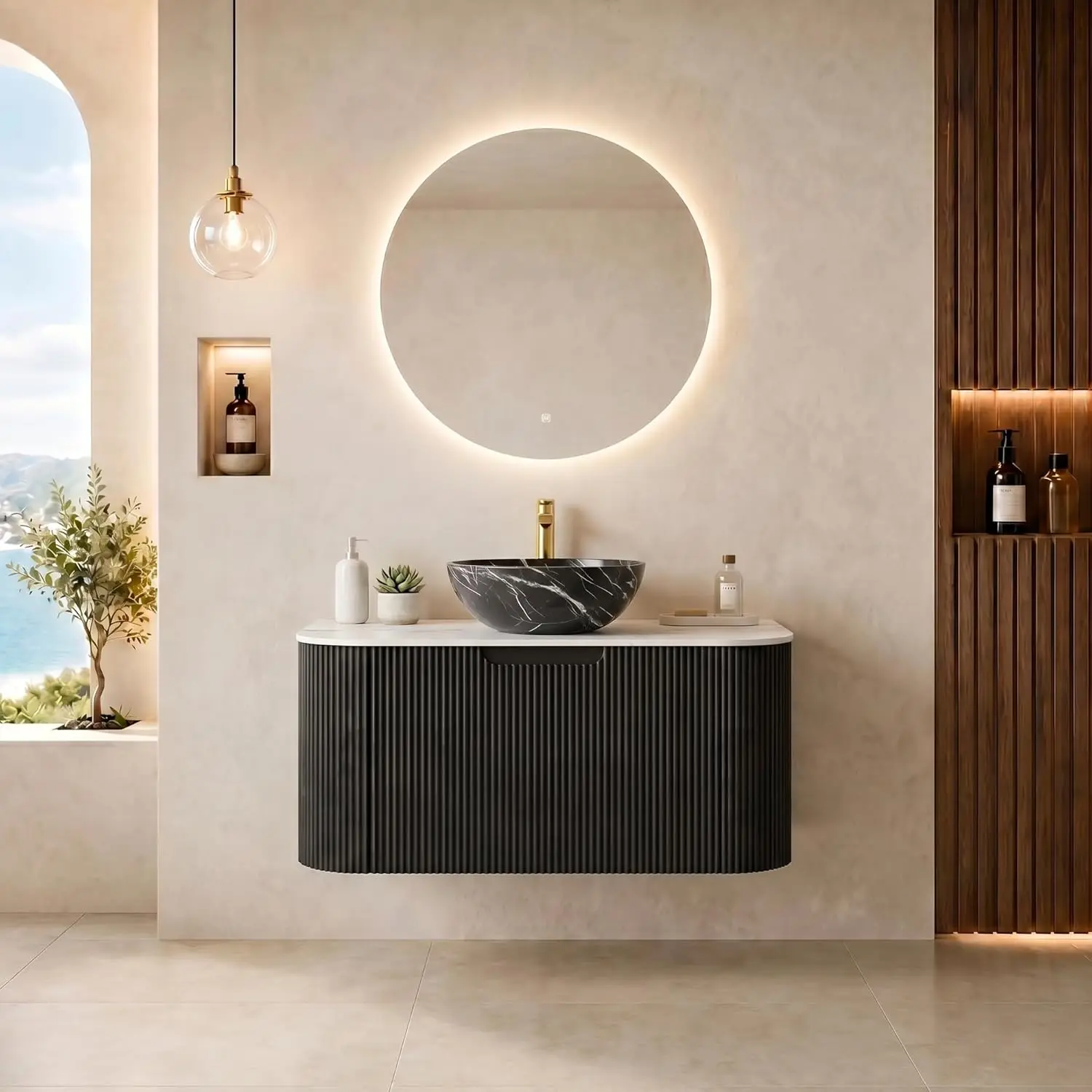 30" Wall-Mounted Fluted Wood Vanity Black Marble Basin Soft-Close Drawer Pre-Assembled Customized
30" Wall-Mounted Fluted Wood Vanity Black Marble Basin Soft-Close Drawer Pre-Assembled Customized