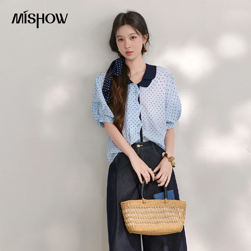 MISHOW Women's Polka Dot Shirts Summer Contrast Peter Pan Collar Tops Puff Sleeve French Light Blue Shirt Office Lady MXF20C2518
MISHOW Women's Polka Dot Shirts Summer Contrast Peter Pan Collar Tops Puff Sleeve French Light Blue Shirt Office Lady MXF20C2518