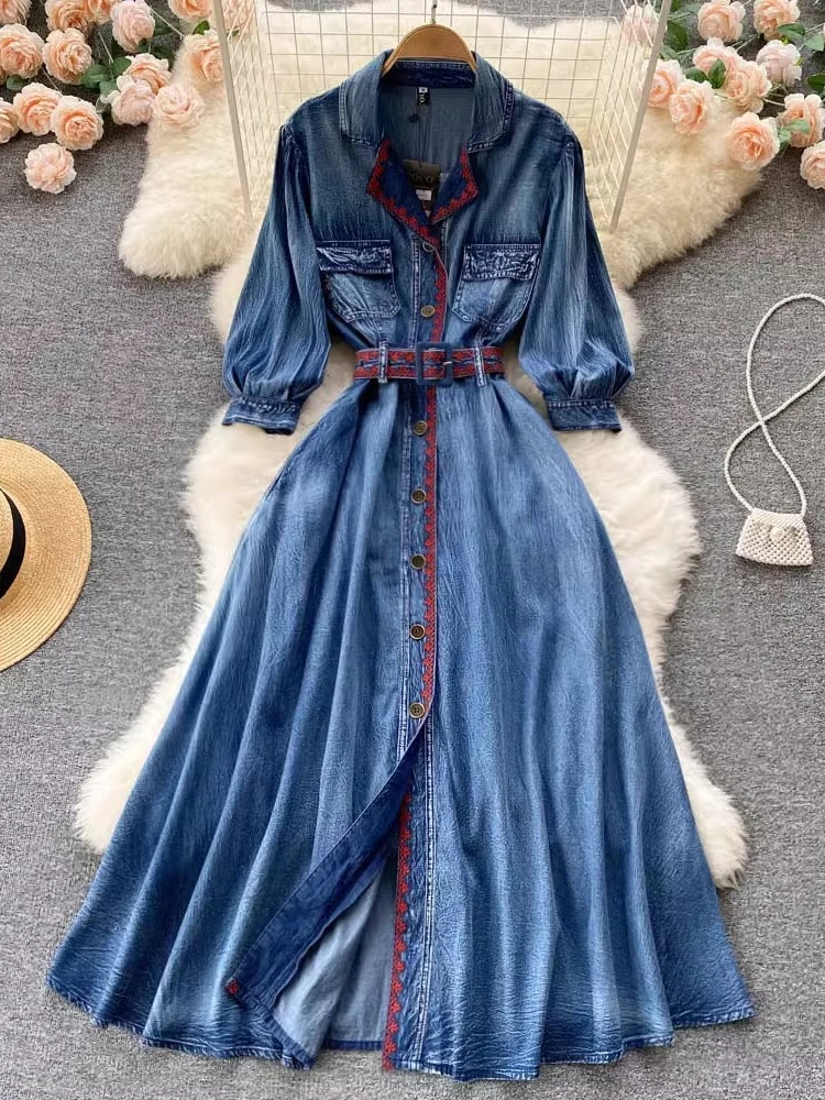 Spring Autumn Fashion Vintage Elegant Denim A-line Party Vacation Robe Women Polo Long Sleeve High Waist Button Dress Vestidos
Spring Autumn Fashion Vintage Elegant Denim A-line Party Vacation Robe Women Polo Long Sleeve High Waist Button Dress Vestidos