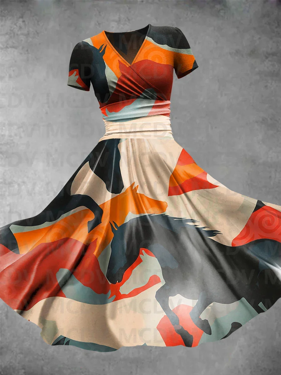 Women's Vintage Contrasting Horse Art Print Maxi Dress Sexy V-neck Dress Female Dresses
Women's Vintage Contrasting Horse Art Print Maxi Dress Sexy V-neck Dress Female Dresses
