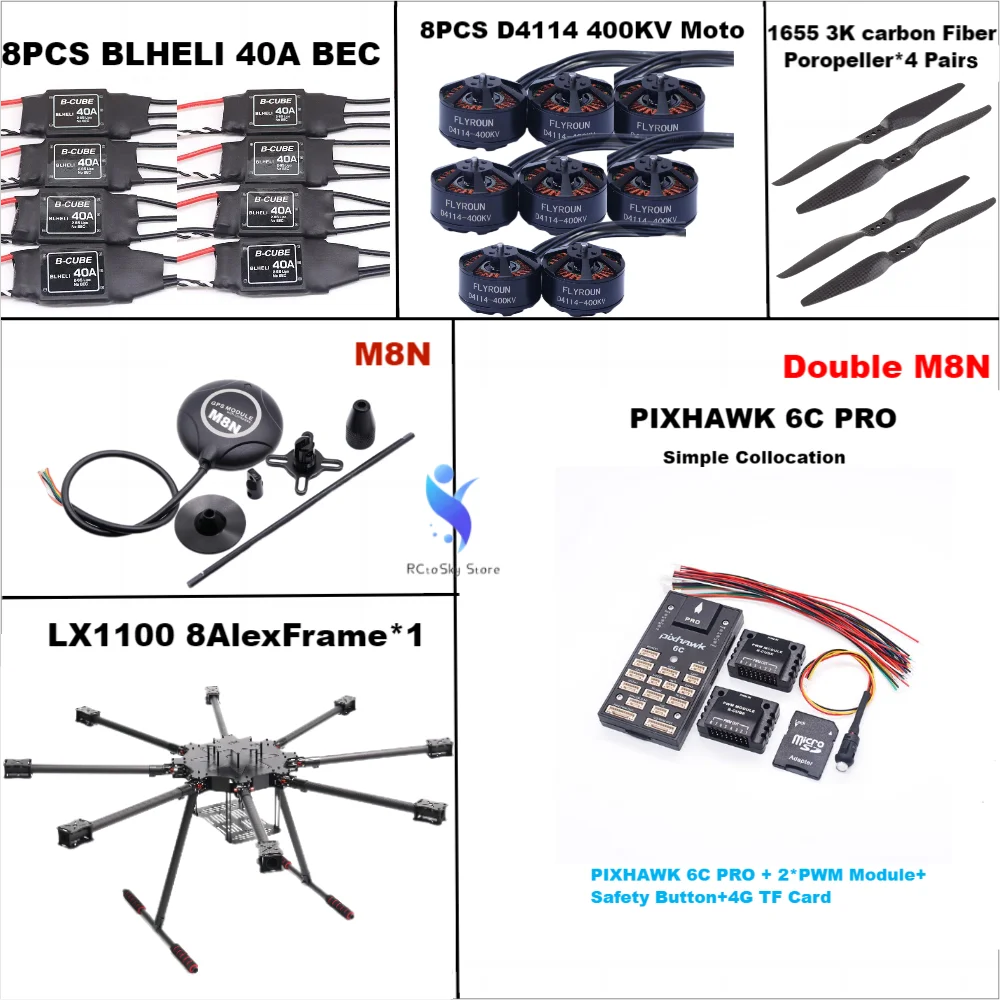 LX1100 Full Carbon Fiber Octa-Rotor Frame BLHell 40A ESC PX4 PixHawk 6C PRO Double M8N/M9N/M10 Flight Comtrol Set D4114 Motor
LX1100 Full Carbon Fiber Octa-Rotor Frame BLHell 40A ESC PX4 PixHawk 6C PRO Double M8N/M9N/M10 Flight Comtrol Set D4114 Motor