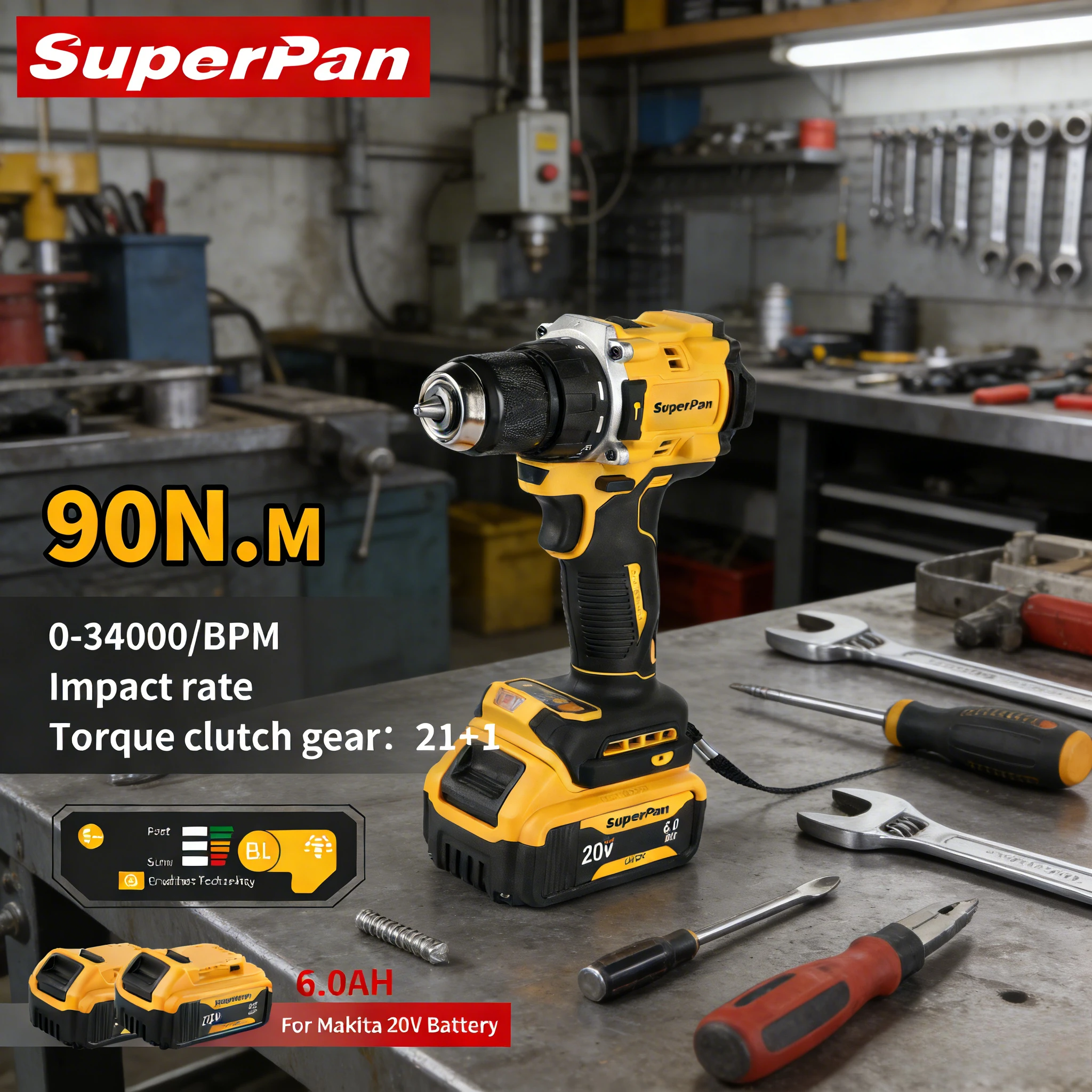 SuperPan 20V Multifunctional Drill 90/27Nm 21+1 Torque Anti-Slip Cordless Drill For Indoor Wood Craft DIY For Dewalt 20V Battery
SuperPan 20V Multifunctional Drill 90/27Nm 21+1 Torque Anti-Slip Cordless Drill For Indoor Wood Craft DIY For Dewalt 20V Battery