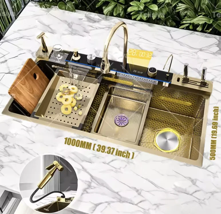 Golden Stainless Steel Waterfall Kitchen Multifunctional Large Single Double Sink Digital Display Dishwashing Sink
Golden Stainless Steel Waterfall Kitchen Multifunctional Large Single Double Sink Digital Display Dishwashing Sink