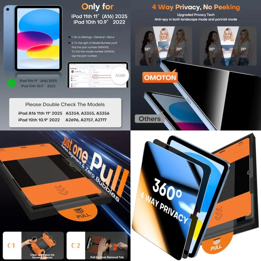 360° Privacy Screen Protector for iPad A16 11th 10th Generation (11/10.9 inch 2025/2022), 4 Way Anti-Spy Tempered Glass with Installation Tray, Case & Apple Pencil Compatible, 2 Pack
360° Privacy Screen Protector for iPad A16 11th 10th Generation (11/10.9 inch 2025/2022), 4 Way Anti-Spy Tempered Glass with Installation Tray, Case & Apple Pencil Compatible, 2 Pack