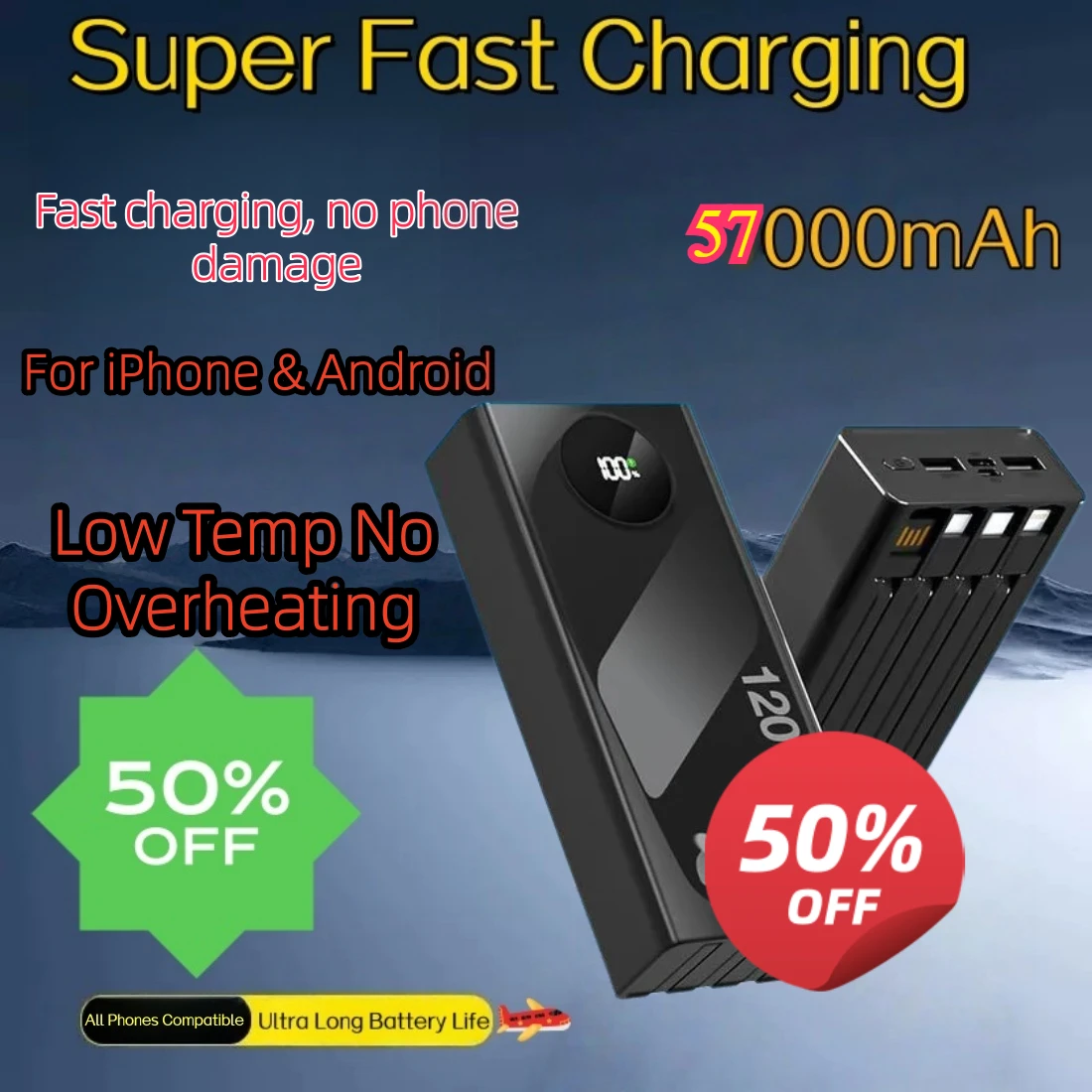 57000mAh Large Capacity Power Bank 120W Ultra Fast Charger Built-in 4 Lines Portable External Charger For All Smartphones
57000mAh Large Capacity Power Bank 120W Ultra Fast Charger Built-in 4 Lines Portable External Charger For All Smartphones