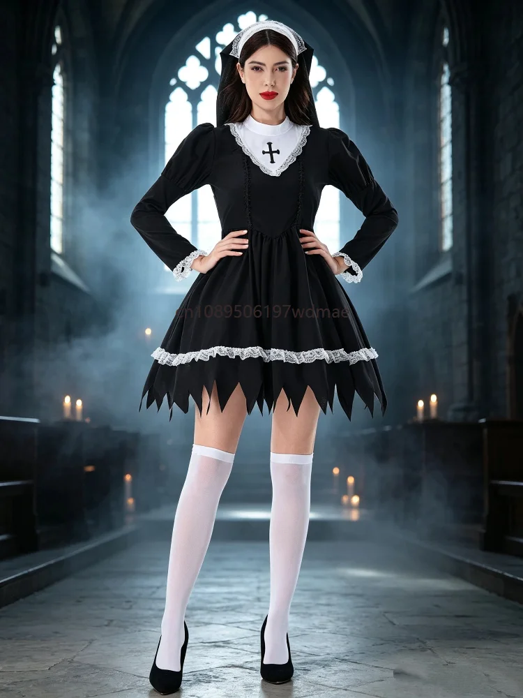 Gothic Dark Nun Costume Women Vampire Cosplay Halloween Horror Theme Party Stage Show Ghost Fancy Dress with Headscarf Outfits
Gothic Dark Nun Costume Women Vampire Cosplay Halloween Horror Theme Party Stage Show Ghost Fancy Dress with Headscarf Outfits