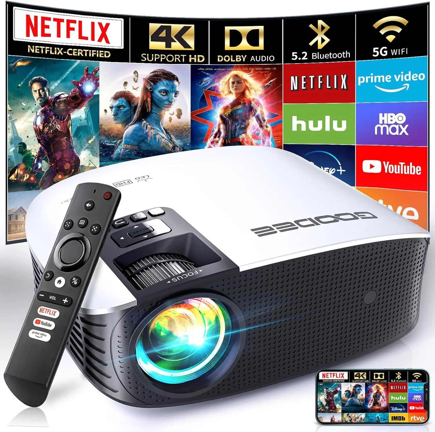 GooDee Smart 4K Projector with 5G WIFI and Bluetooth, Netflix/Amazn Prime Video Certified, Dolby Audio, 800ANSI Outdoor
GooDee Smart 4K Projector with 5G WIFI and Bluetooth, Netflix/Amazn Prime Video Certified, Dolby Audio, 800ANSI Outdoor
