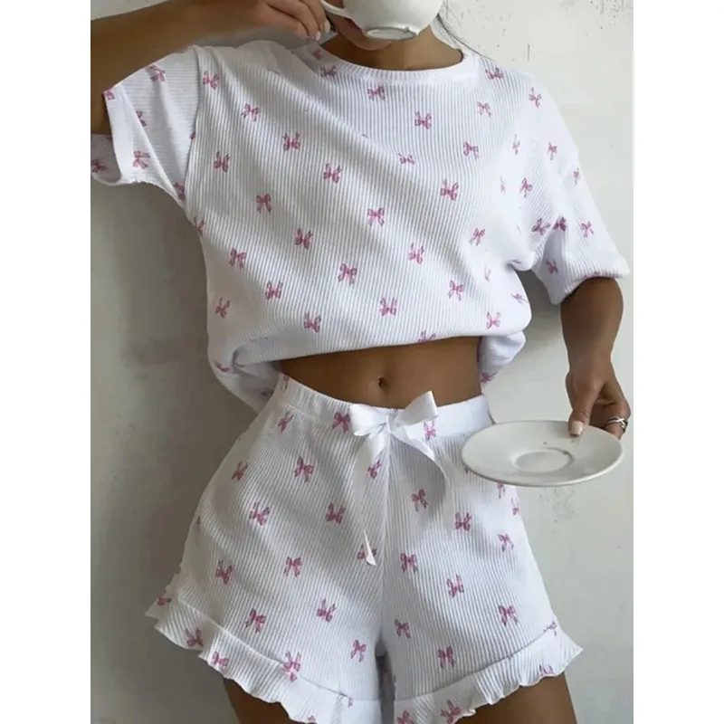 2026 Ladies Bow Print Pajama Set Short Sleeve Top Shorts Loungewear Sleepwear Homewear 2 Piece Nightwear
2026 Ladies Bow Print Pajama Set Short Sleeve Top Shorts Loungewear Sleepwear Homewear 2 Piece Nightwear