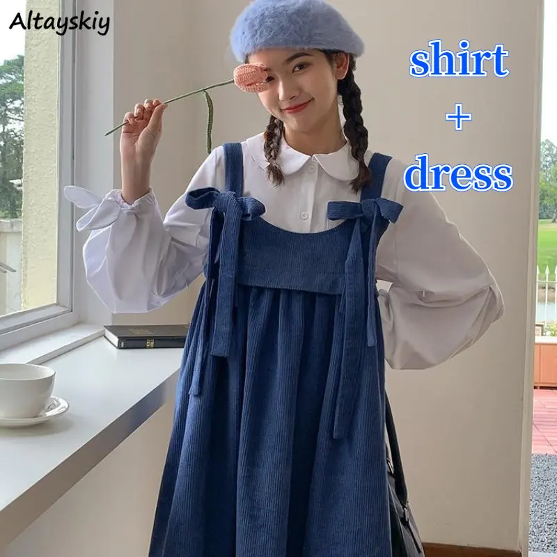 Two Pcs Sets Women Midi Corduroy Dresses Peter Pan Collar Shirts Casual Solid Sweet Students 2023 Spring Vintage Loose All-match
Two Pcs Sets Women Midi Corduroy Dresses Peter Pan Collar Shirts Casual Solid Sweet Students 2023 Spring Vintage Loose All-match