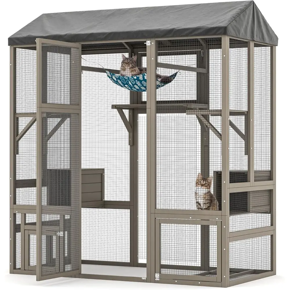 71 Grey Outdoor Cat Enclosure with Window AC, Hammock, 7 Platforms, 2 Resting Boxes, Waterproof Cover
71 Grey Outdoor Cat Enclosure with Window AC, Hammock, 7 Platforms, 2 Resting Boxes, Waterproof Cover