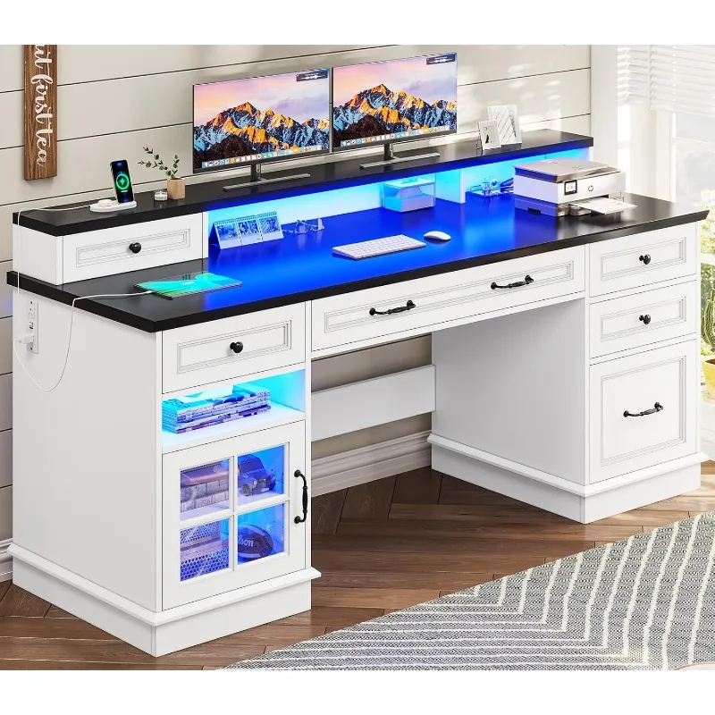 Executive desk with file drawer, computer desk with monitor stand, writing desk with charging station and LED light, white
Executive desk with file drawer, computer desk with monitor stand, writing desk with charging station and LED light, white