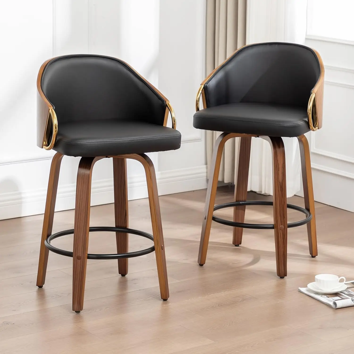 24.8" Swivel Counter Height Bar Stools Set of 2,Black Leather Barstools Mid Century Modern Bar Chairs with Wood, Customized
24.8" Swivel Counter Height Bar Stools Set of 2,Black Leather Barstools Mid Century Modern Bar Chairs with Wood, Customized