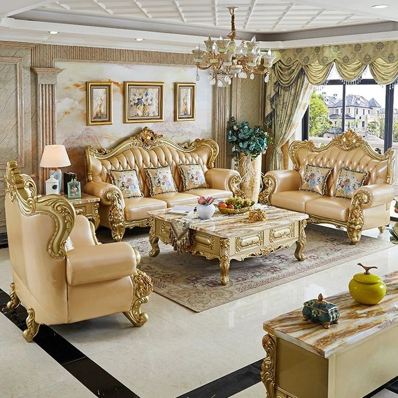 European sofa living room leather sofa 123 combination, solid wood double-sided carved European leather sofa villa furniture
European sofa living room leather sofa 123 combination, solid wood double-sided carved European leather sofa villa furniture