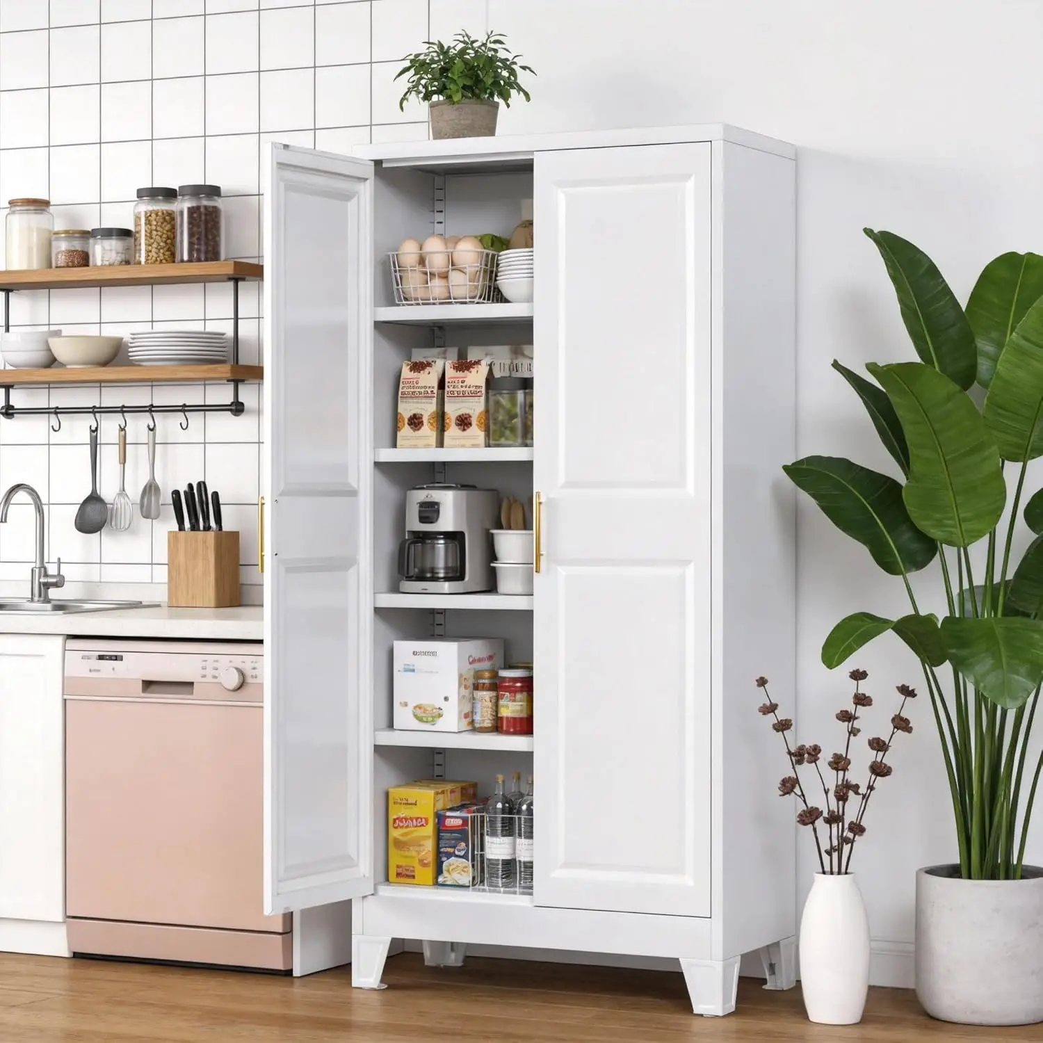 61.4" H Metal Kitchen Pantry Cabinet with 4 Adjustable Shelves, White Freestanding Food Cabinet for Kitchen, Home, Assembly Required
61.4" H Metal Kitchen Pantry Cabinet with 4 Adjustable Shelves, White Freestanding Food Cabinet for Kitchen, Home, Assembly Required
