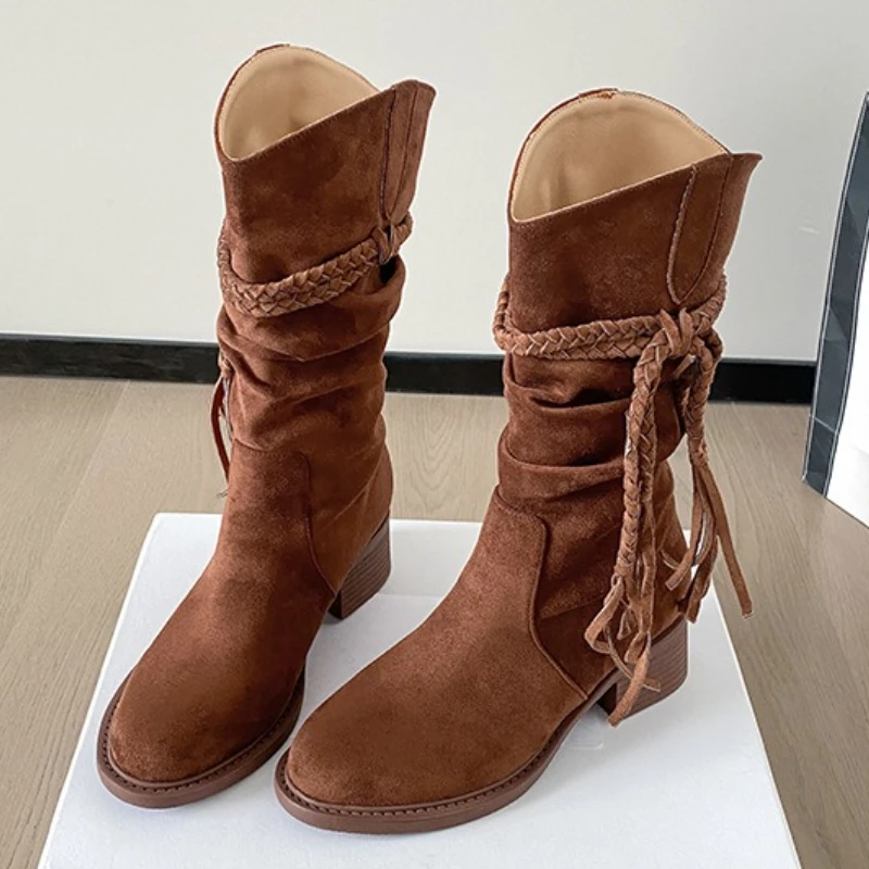 Ботильоны с кисточками и круглым носком на массивном каблуке, женские ботильоны в этническом стиле из искусственной замши до середины икры, рыцарь Botas, женская обувь на квадратном низком каблуке 
Ботильоны с кисточками и круглым носком на массивном каблуке, женские ботильоны в этническом стиле из искусственной замши до середины икры, рыцарь Botas, женская обувь на квадратном низком каблуке