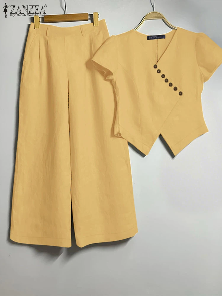 ZANZEA Fashion 2 Piece Sets Asymmetrical Placket Short Sleeve Tops Wide Leg Pants 2PCS Outfit Streetwear Commute Solid Pant Sets
ZANZEA Fashion 2 Piece Sets Asymmetrical Placket Short Sleeve Tops Wide Leg Pants 2PCS Outfit Streetwear Commute Solid Pant Sets