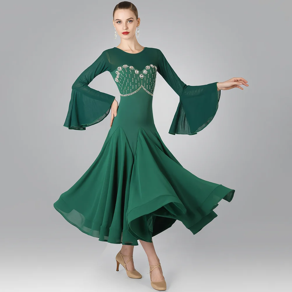 Round Neck Rhinestone Foxtrot Standard Banquet Dress Long Trumpet Sleeve Dark Green Waltz Competition Performance Clothing
Round Neck Rhinestone Foxtrot Standard Banquet Dress Long Trumpet Sleeve Dark Green Waltz Competition Performance Clothing