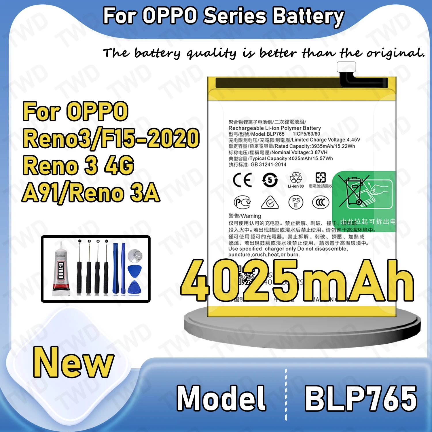 BLP765 Large capacity Battery For OPPO Reno3/Reno 3 4G/A91/Reno 3A Batteries New High Quanlity+Free Tools
BLP765 Large capacity Battery For OPPO Reno3/Reno 3 4G/A91/Reno 3A Batteries New High Quanlity+Free Tools