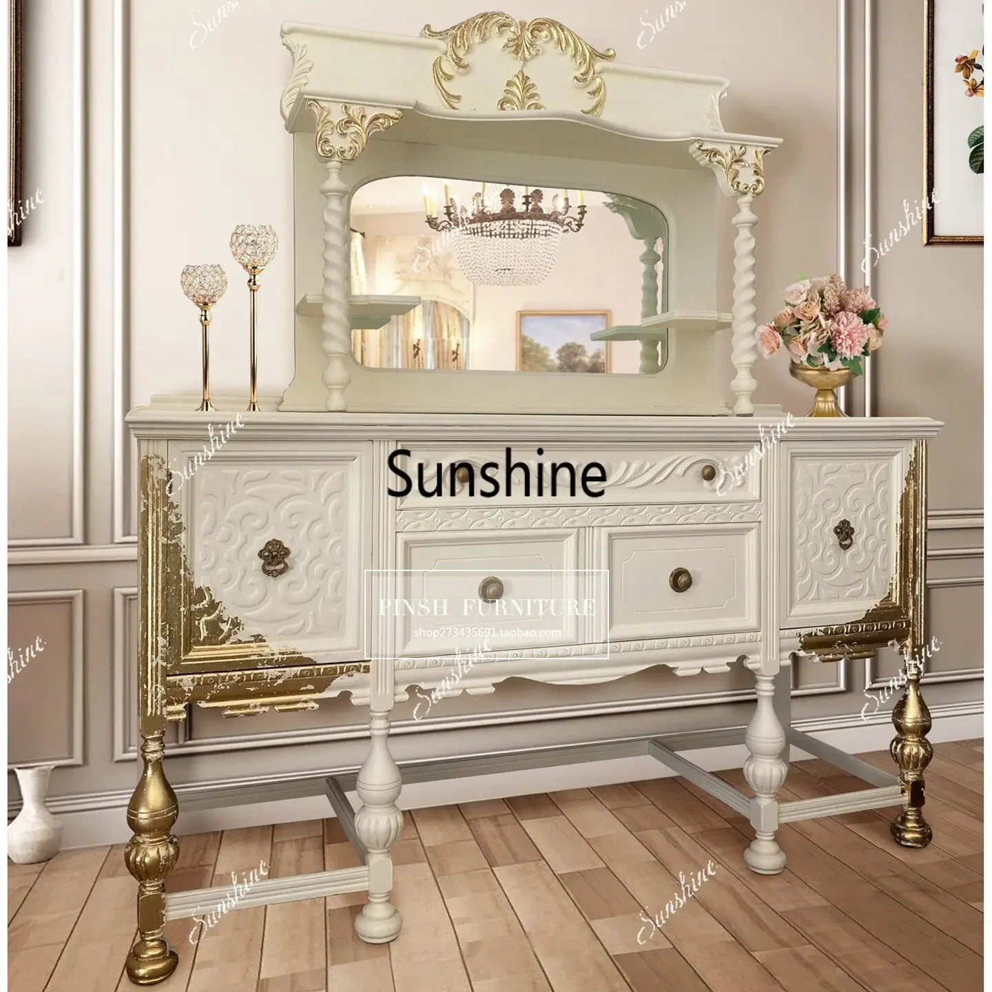 French retro solid wood carving flower entrance cabinet living room wall with mirror decoration
French retro solid wood carving flower entrance cabinet living room wall with mirror decoration