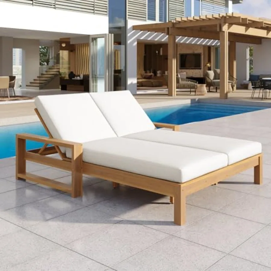 Outdoor Double Lounge Chair with 5-Position Adjustable Backrest for Each Seat, Wood Patio Chaise Lounge and Removable Cushions
Outdoor Double Lounge Chair with 5-Position Adjustable Backrest for Each Seat, Wood Patio Chaise Lounge and Removable Cushions