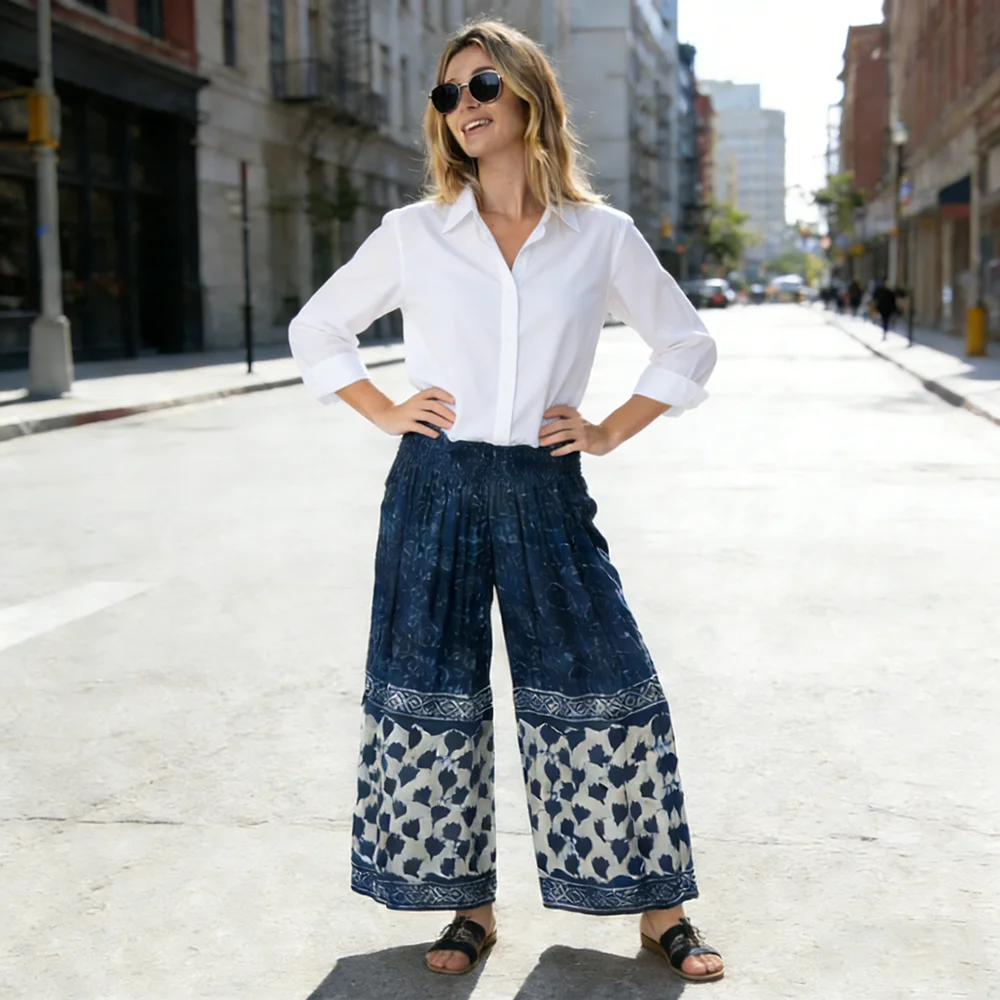 Женские широкие брюки с сине-белым этническим принтом, свободные струящиеся брюки с высокой талией, легкие летние брюки для отпуска
Женские широкие брюки с сине-белым этническим принтом, свободные струящиеся брюки с высокой талией, легкие летние брюки для отпуска