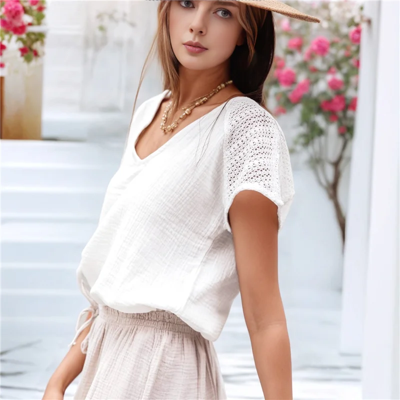 Womans Short Sleeve Shirt White Lace Crochet Textured Button Back V Neck T Shirt
Womans Short Sleeve Shirt White Lace Crochet Textured Button Back V Neck T Shirt