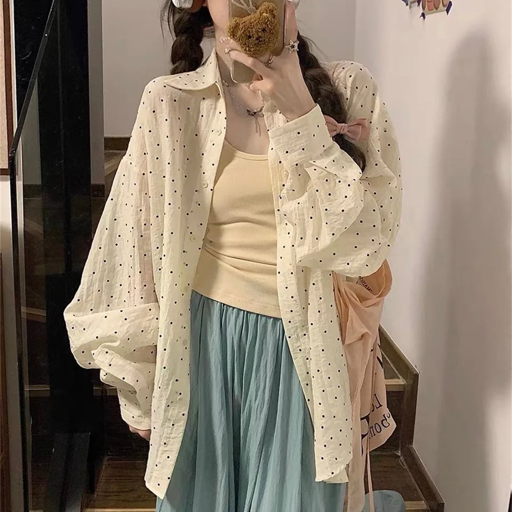 Women's Cream Polka Dot Oversized Shirt, Button-Down Long Sleeve, Loose-Fit Sheer Blouse, Casual Lightweight Top
Women's Cream Polka Dot Oversized Shirt, Button-Down Long Sleeve, Loose-Fit Sheer Blouse, Casual Lightweight Top