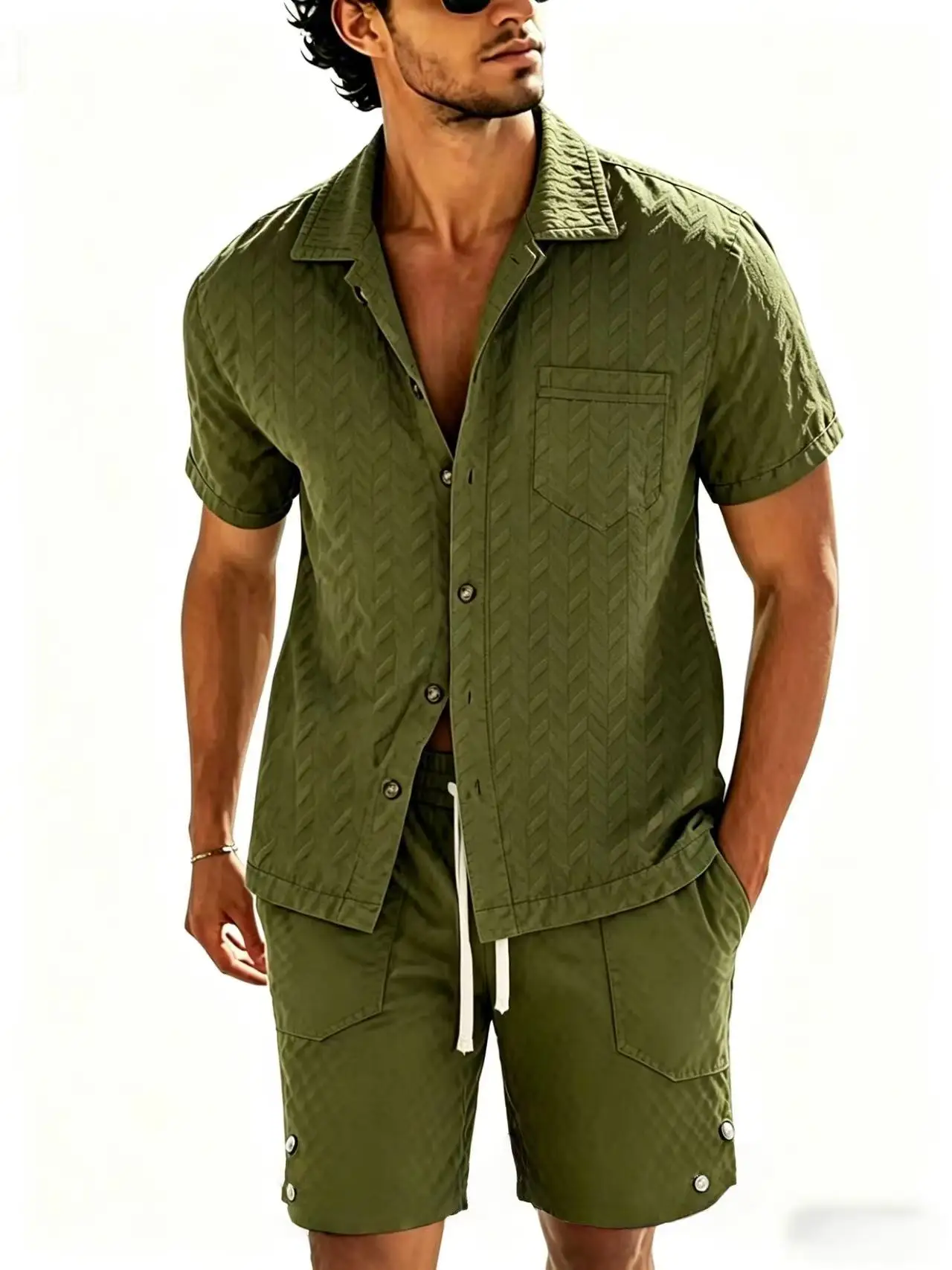 2026 latest men's summer fashion casual two-piece set jacquard cardigan button up short sleeved shirt drawstring shorts
2026 latest men's summer fashion casual two-piece set jacquard cardigan button up short sleeved shirt drawstring shorts
