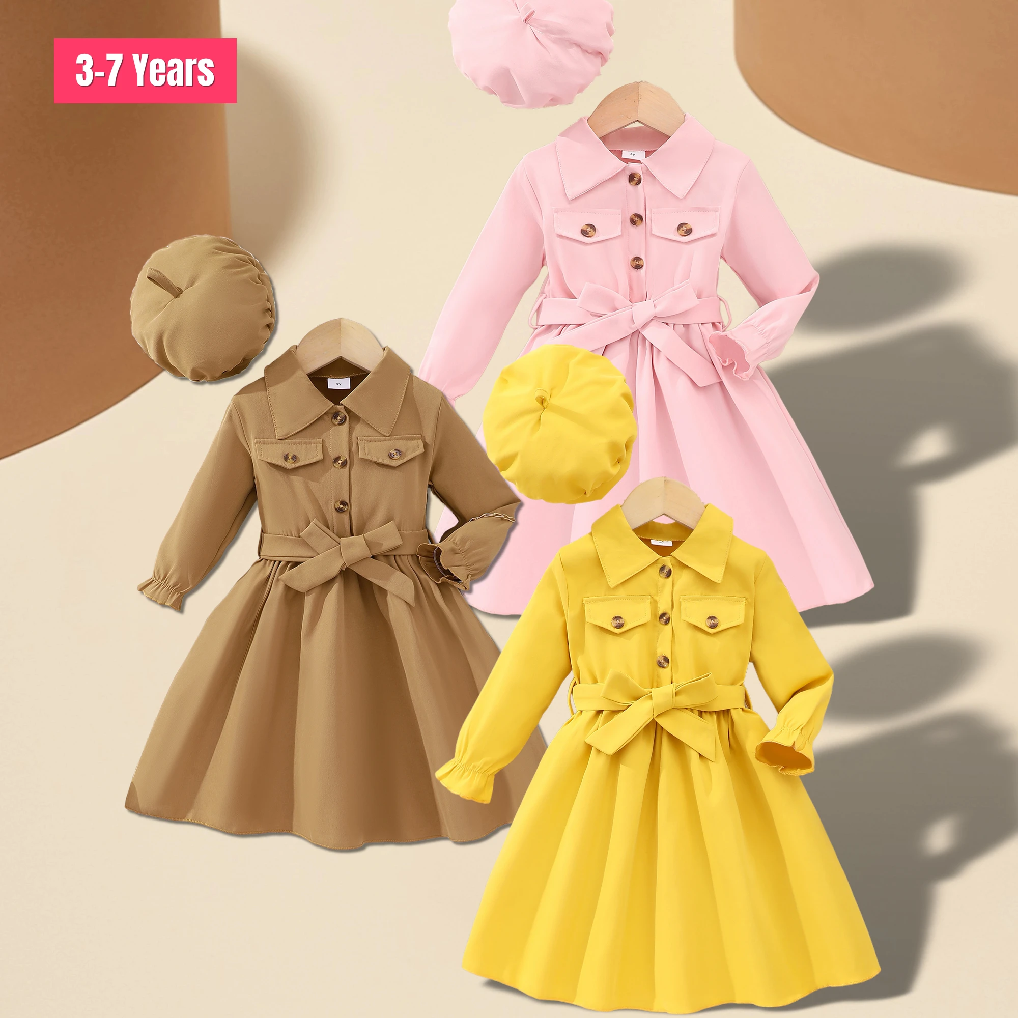 Girl Fashion Dress Long Sleeved Lapel Solid Color with Hat and Belt Children's Wear Simple and Comfortable Dresses 3-7 Years
Girl Fashion Dress Long Sleeved Lapel Solid Color with Hat and Belt Children's Wear Simple and Comfortable Dresses 3-7 Years