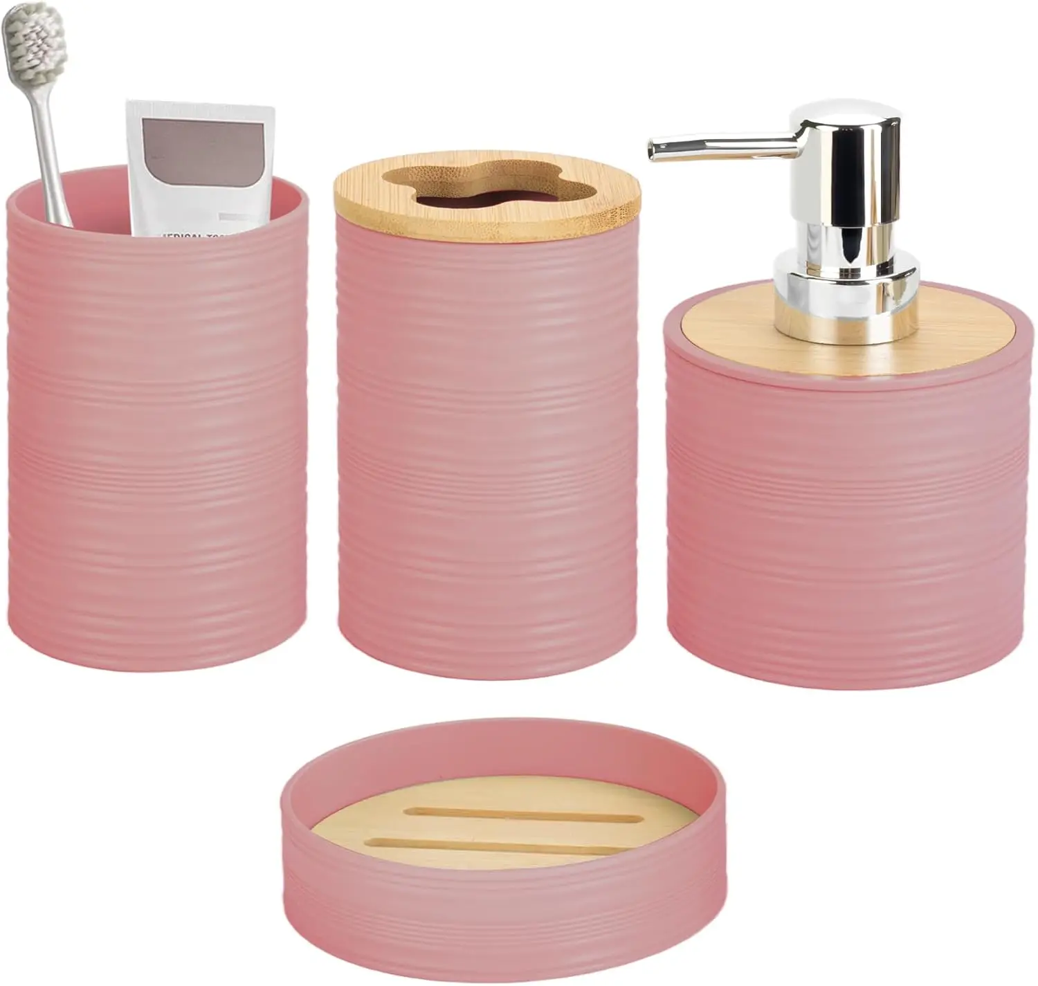 Bamboo Bathroom Accessories Set with Soap Dispenser, Toothbrush Holder, Soap Dish & Cup, Boho Decor (Light Pink)
Bamboo Bathroom Accessories Set with Soap Dispenser, Toothbrush Holder, Soap Dish & Cup, Boho Decor (Light Pink)